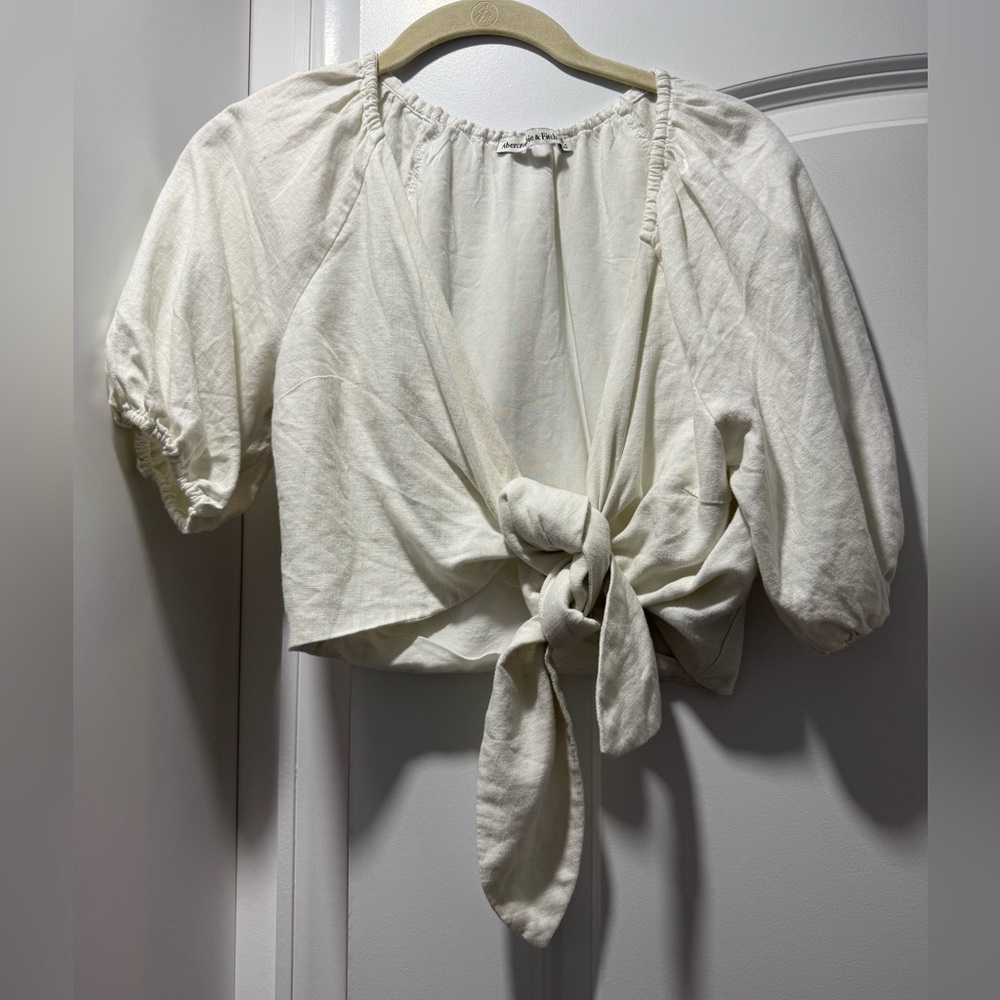 Abercrombie & Fitch White Linen Tie-Front Puff Sleeves Crop Top